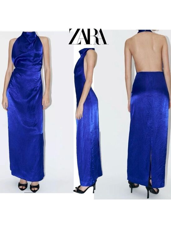 Zara Dresses & Skirts - Zara women collection blue wrinkle satin effect open back halter top maxi dress